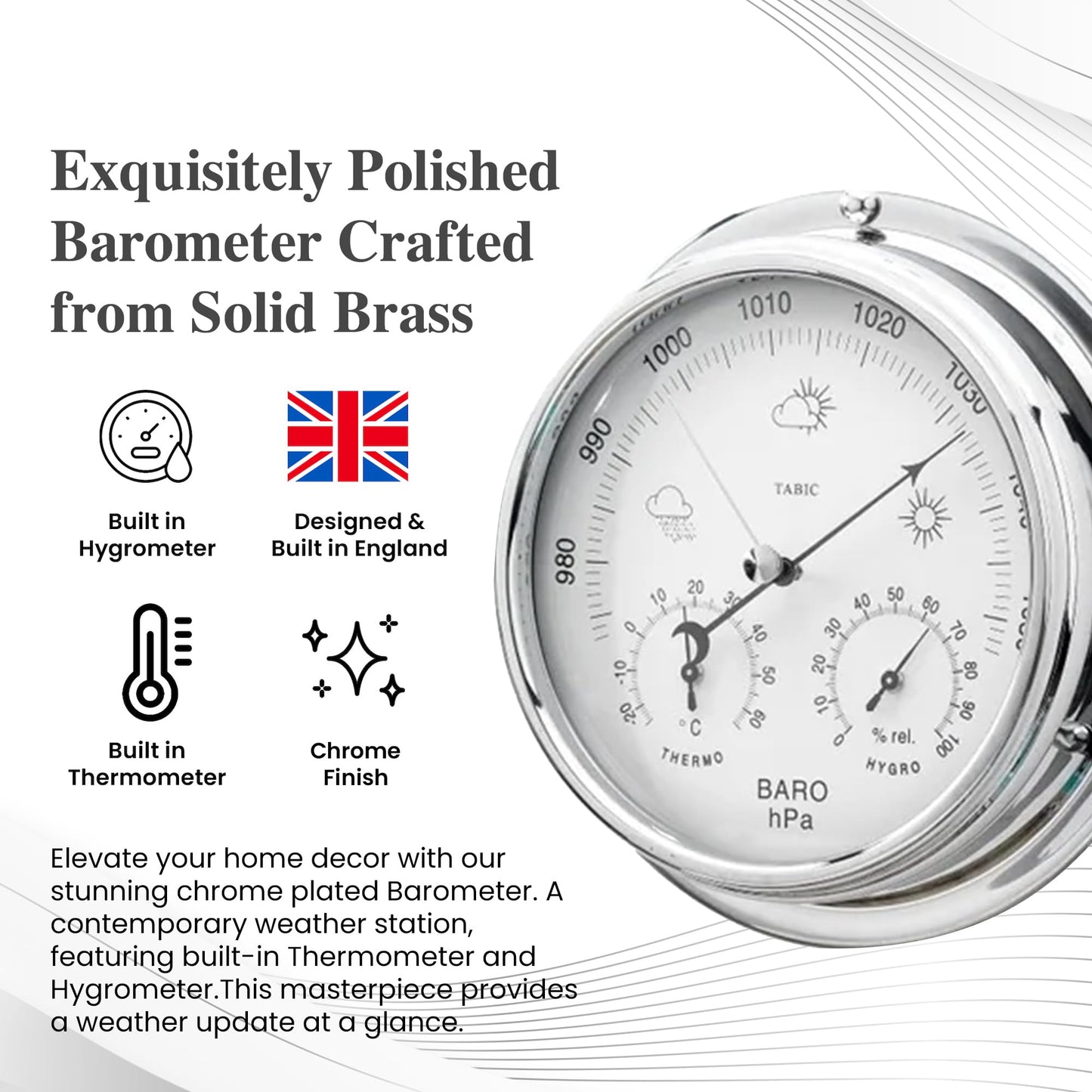 Tabic Chrome Barometer with Built-in Hygrometer &Thermometer - Analog Weather Station for Home & Outdoor Use - Handmade in England - Heavy Chrome Plated Brass Case (1/2kg), 6in x 2in
