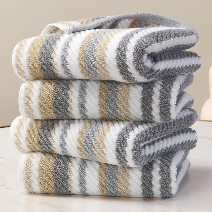 Beige Striped Hand Towels, Bathroom Hand Towels Set of 4, Soft Towel Set