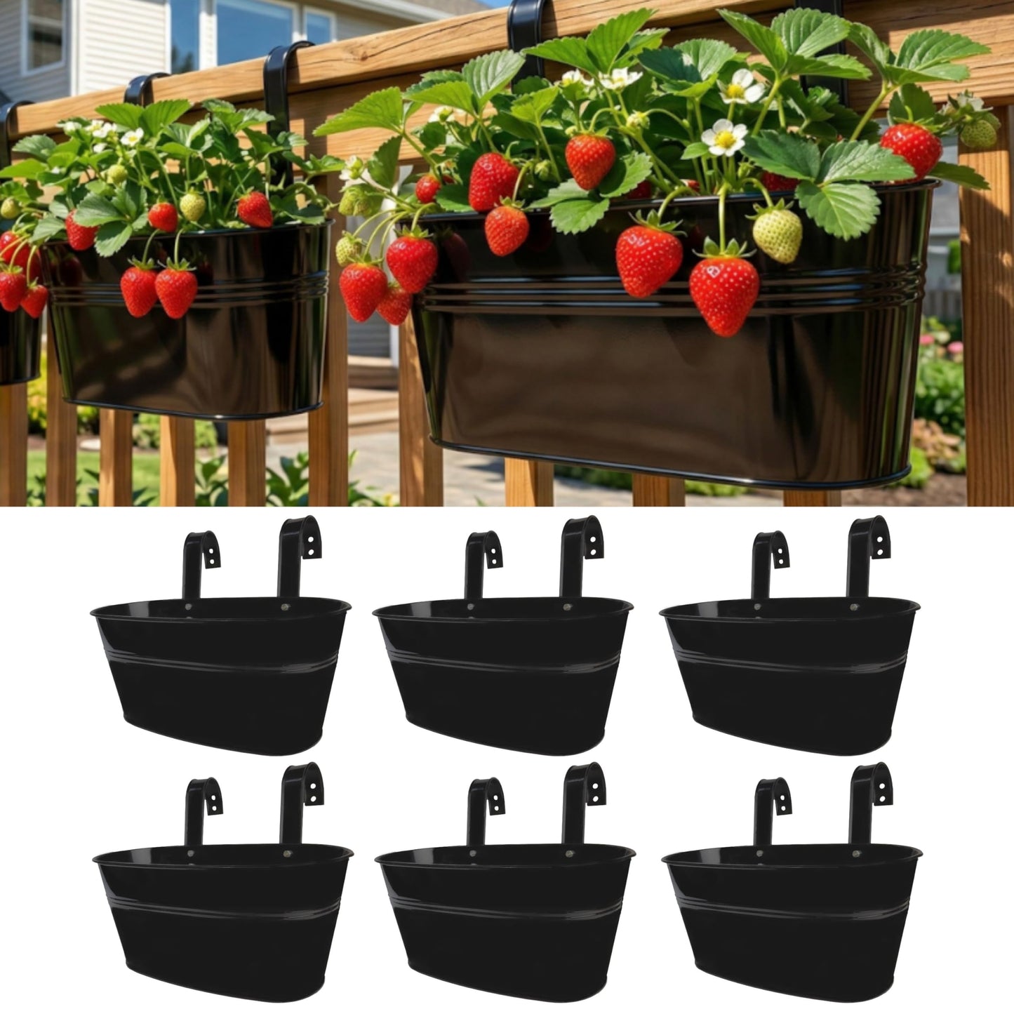 LaLaGreen Outdoor Rail Planter (11.8 Inch, 6 Pack) Black Metal Iron Hanging Flower Pots Deck Railings Fence Buckets Outside Countryside Boho Style Wall Mount Window Box Plant Holder Hook Porch Decor