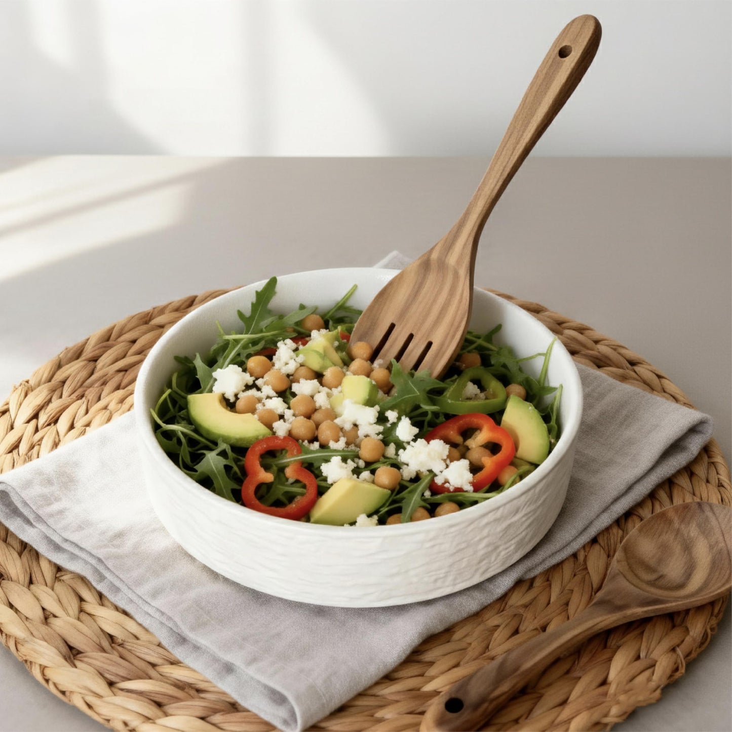 seicasaya 10 Inch Ceramic Salad Bowl with Acacia Wood Serving Spoon and Fork Set High Temperature Fired Stone Texture Large Serving Bowl for Pasta Fruit Popcorn Modern Centerpiece Bowl (White)