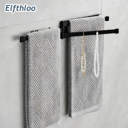Small Swivel Foldable Towel Rack, Elfthloo 24cm(9.45 in) Rotating 3-Arm Towel Bar Rod, Space Saving Wall Mounted Holder, Stainless Steel Swing Out Hanger for Bathroom, Kitchen (1 Pack, Matte Black)