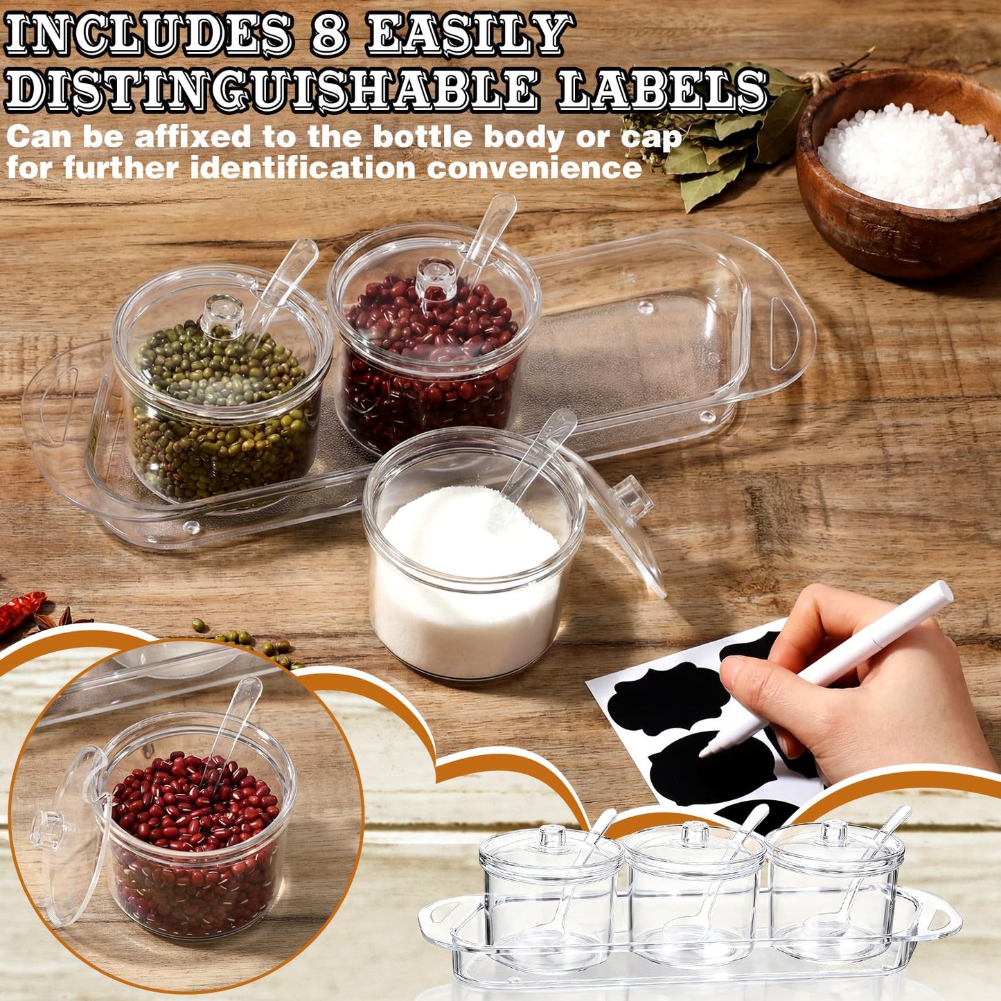 Ferrochef Set of 3 Clear Acrylic Sugar Bowl with Lid and Spoon for Coffee Bar Accessories, 7 oz Tea Sugar Coffee Container Salt Canister Spice Jars, Kitchen Seasoning Box Condiment Pots with Labels
