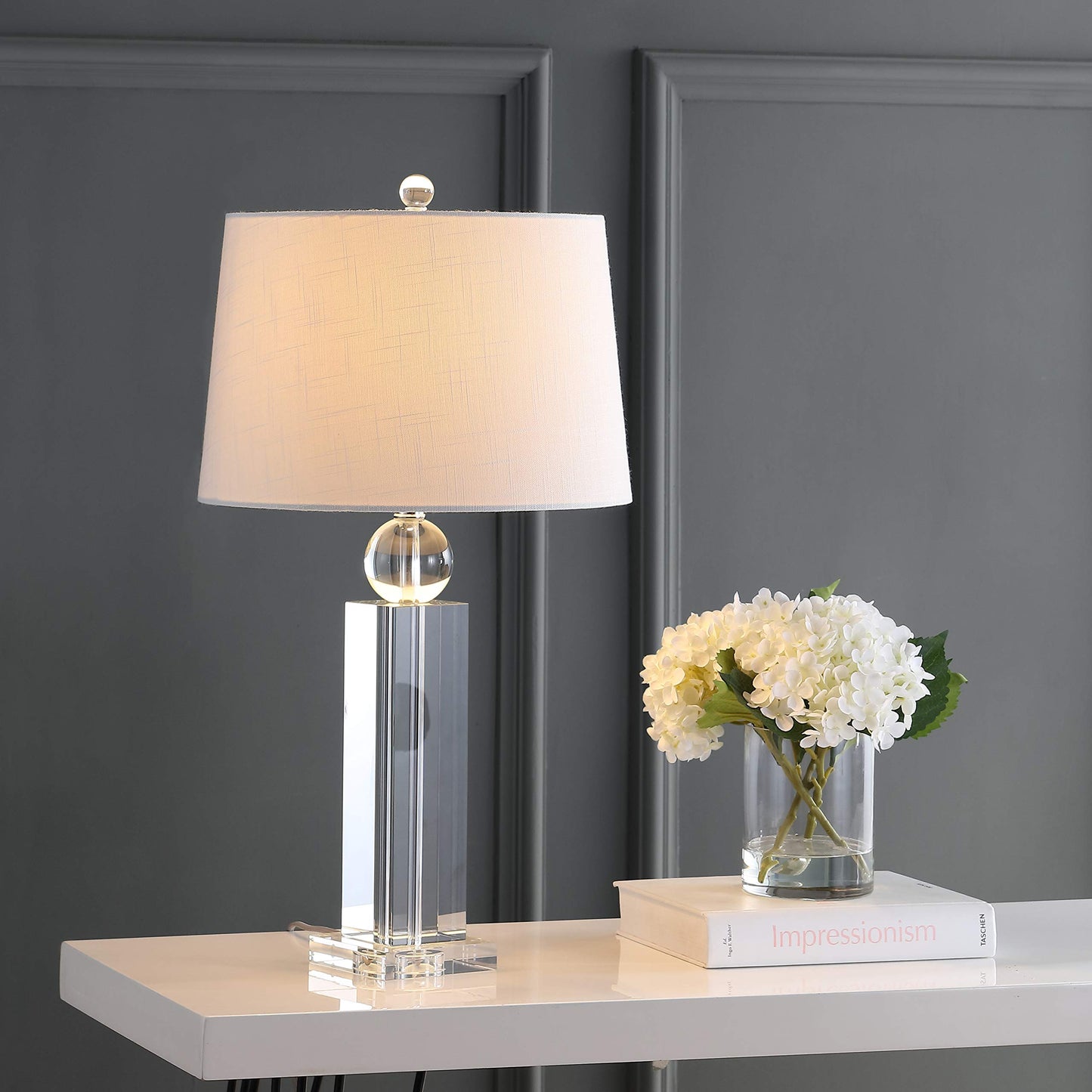 JONATHAN Y 28.5" Clear Crystal Column LED Table Lamp, Glam Traditional Lamp for Living Room Bedroom Nightstand, White Linen Drum Shade, Chrome, LED Bulb Included JYL5004A