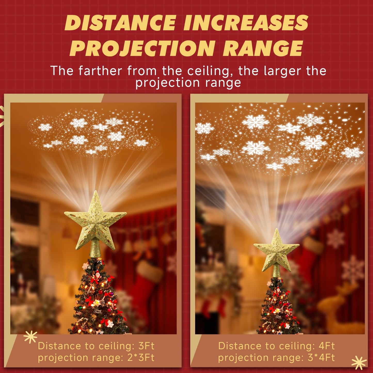 Christmas Tree Topper Lighted Star,3D Hollow Sparkling Star Christmas Tree Topper with 6 Patterns Rotating Magic Cool White Snowflake Projector, Plug in Gold Tree Topper for Tree Ornament