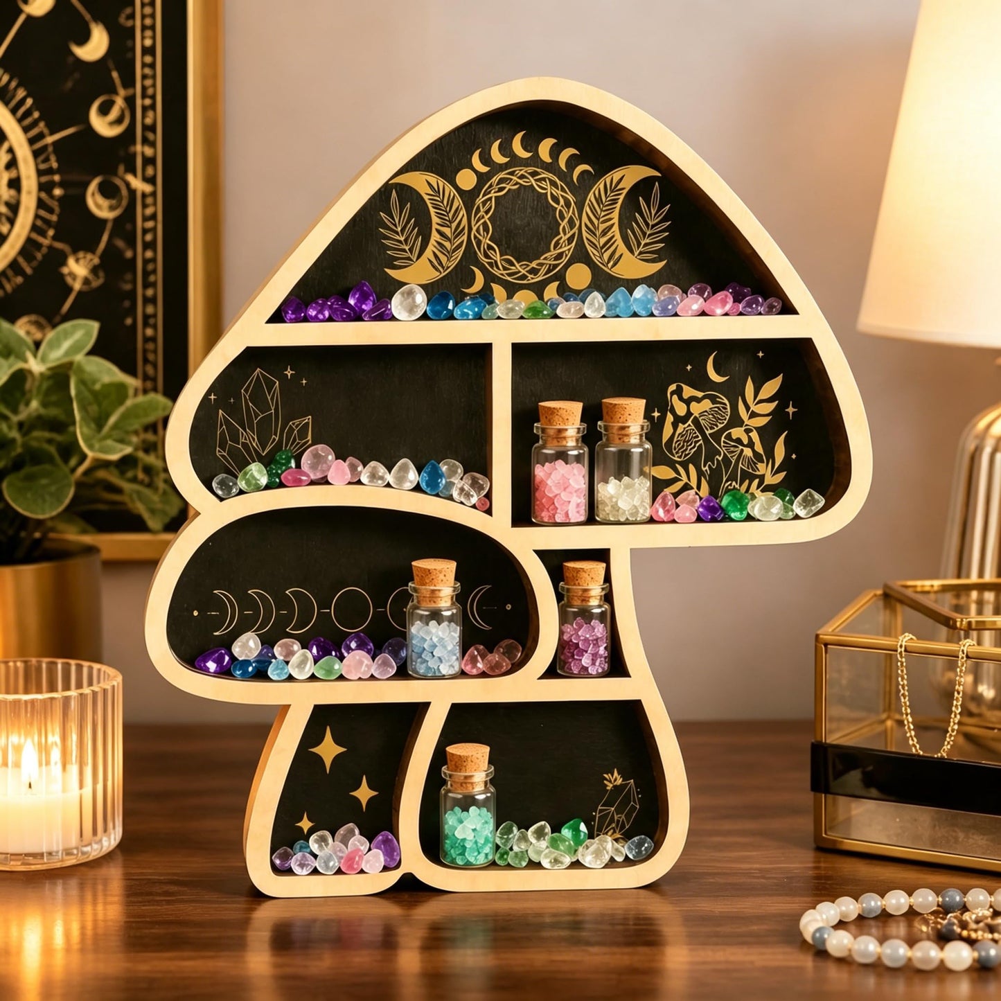 Zetosva Mushroom Gifts Floating Shelves, Crystal Display Shelf & Crystal Holder, Cute Mushroom Wall Decor and Mushroom Shelves, Trinket Shelf Rock Display Case, for Unique Home Decor