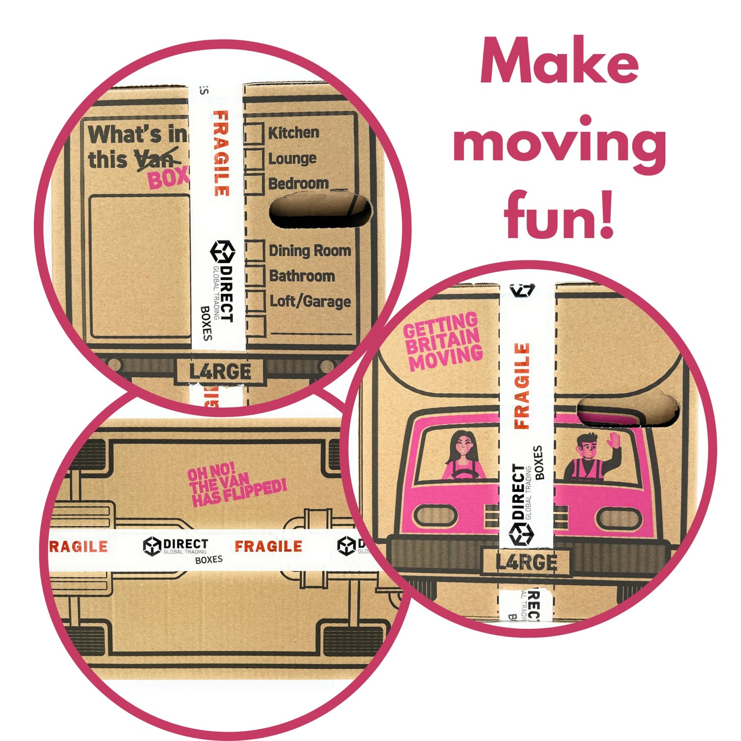25 Strong Large Cardboard Storage Packing Moving House Boxes with Fragile Tape 52cm x 30cm x 30cm 47 Litres Carry Handles and Room List
