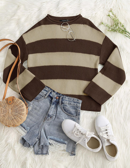 ZESICA Women's 2025 Fall Long Sleeve Oversized Striped Color Block Comfy Loose Crew Neck Knitted Pullover Sweater