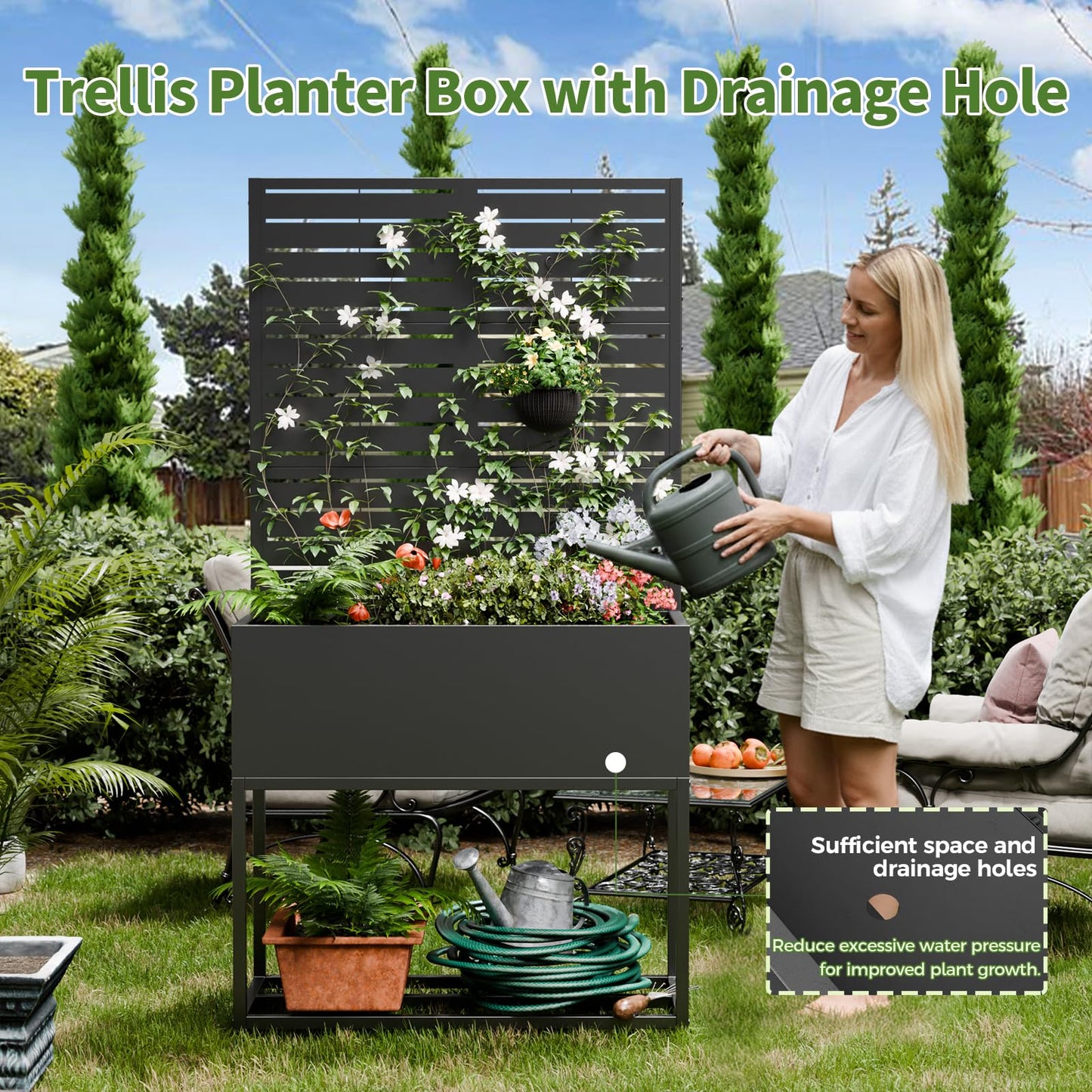 Trygoal Metal Planter Box with Trellis,67" H x35 W Raised Garden Beds with Privacy Screen for Climbing Plants Flower, Elevated Standing Planter Garden Bed with Drainage Holes for Outdoor Patio,Black