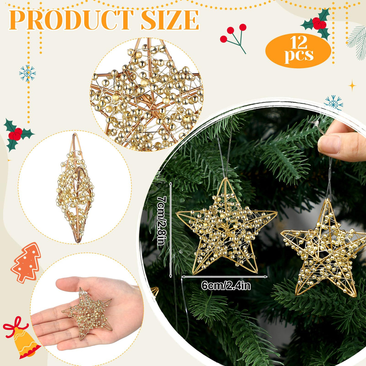 Simgoing 12 Pcs 2.8'' Gold Metal Star Ornaments for Christmas Tree Decor Rustic 3D Glitter Star Ornaments for Crafts Small Gold Christmas Hanging Stars Festive Gifts Embellishments for Holiday Party