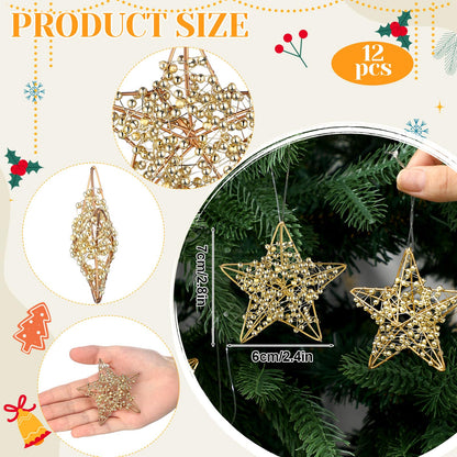 Simgoing 12 Pcs 2.8'' Gold Metal Star Ornaments for Christmas Tree Decor Rustic 3D Glitter Star Ornaments for Crafts Small Gold Christmas Hanging Stars Festive Gifts Embellishments for Holiday Party