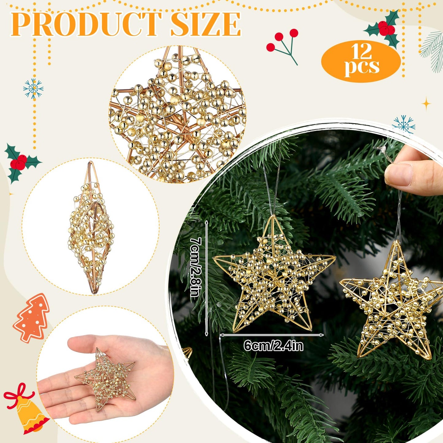 Simgoing 12 Pcs 2.8'' Gold Metal Star Ornaments for Christmas Tree Decor Rustic 3D Glitter Star Ornaments for Crafts Small Gold Christmas Hanging Stars Festive Gifts Embellishments for Holiday Party