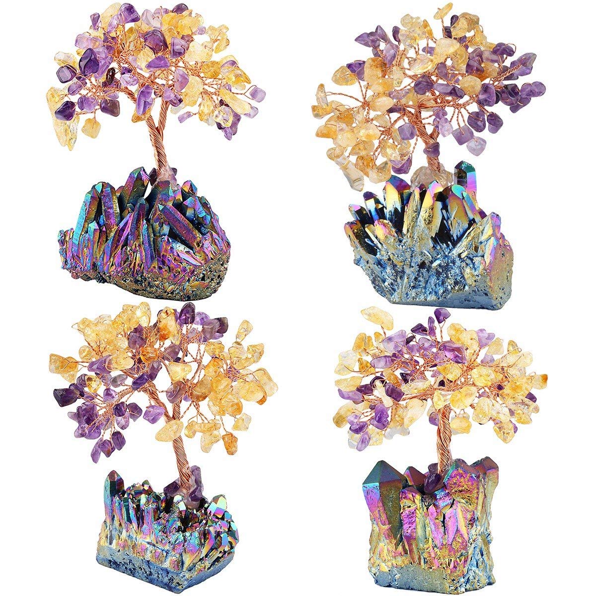 mookaitedecor Bundle - 2 Items: Citrine & Amethyst Crystal Money Tree & Titanium Coated Crystal Egg Figurines with Wood Stand for Feng Shui Decor