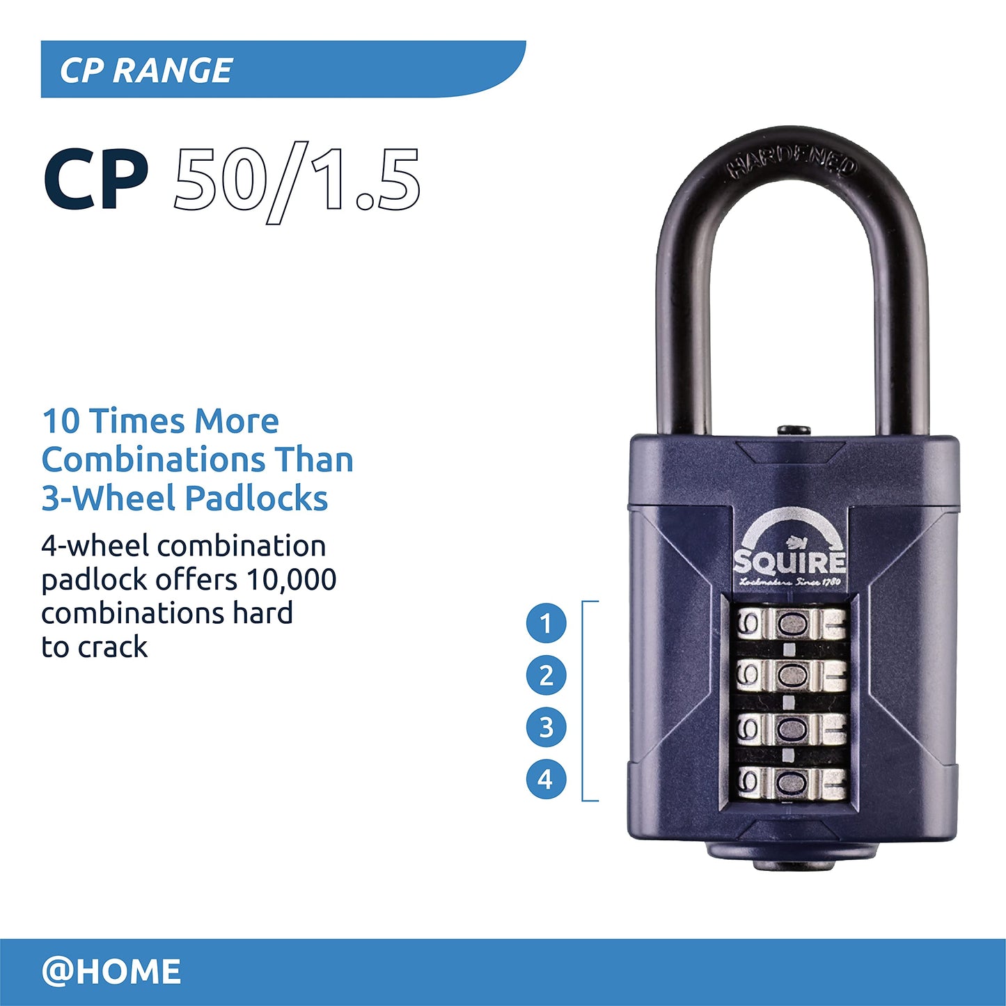Squire Combination Padlock. Weatherproof Hardened Steel Shackle Recodable Padlock. (4 Wheel - 50mm Long Shackle (1.5"))