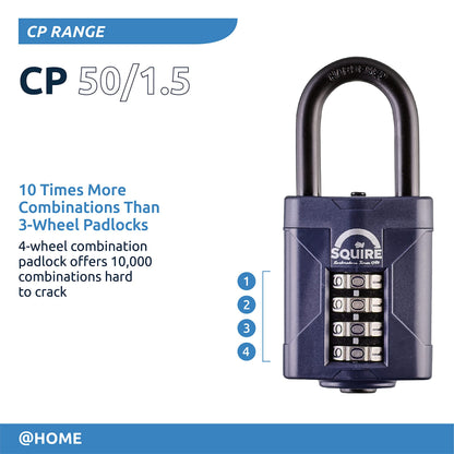 Squire Combination Padlock. Weatherproof Hardened Steel Shackle Recodable Padlock. (4 Wheel - 50mm Long Shackle (1.5"))