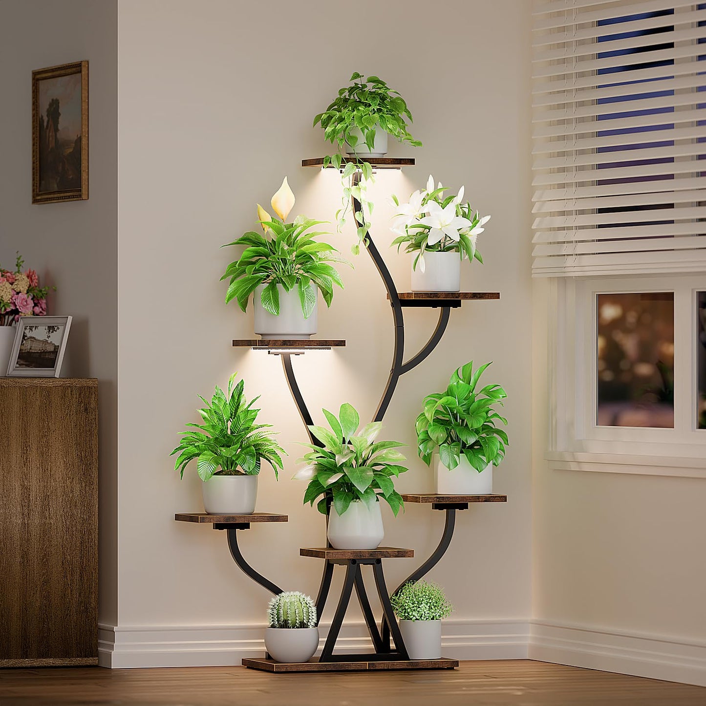 Plant Stand Indoor with Grow Lights, 7 Tiered Indoor Plant Shelf, Corner Plant Stands for Indoor Plants, Metal Plant Shelf Flower Display, Seaweed-Shaped Plant Rack for Living Room, Patio, Black