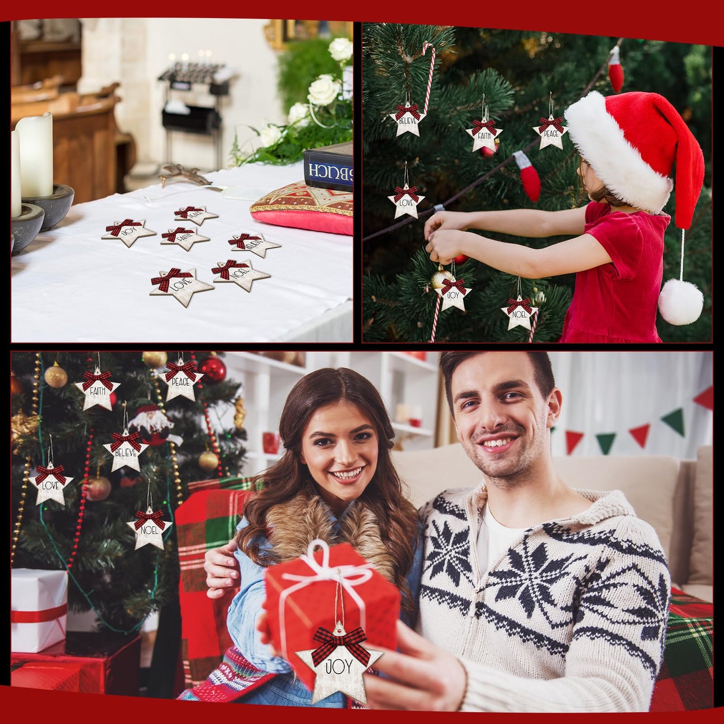 Vercraft 24 Pcs Christmas Star Ornaments Wooden Farmhouse Star Hanging Ornaments with Bows Wood Pendants for Xmas Tree Home Church Holiday Party Decoration