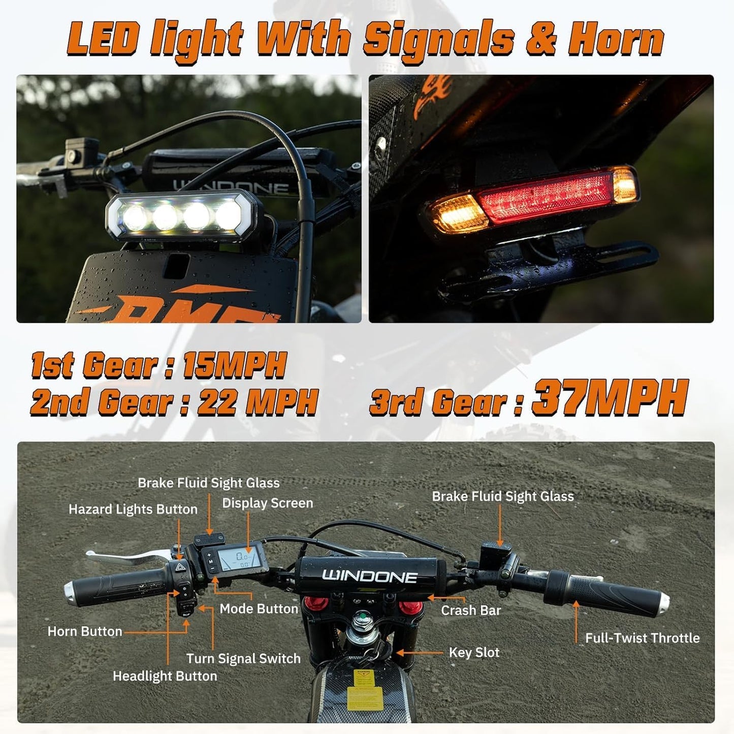 WindoneRide RM7 Electric Dirt Bike for Adults & Teens, 2200W Peak Ebike, 48V 22.4Ah, 36.9 MPH, 45 Miles, 14"/12" Tire Off-Road Electric Motorcycle, Dual Hydraulic Brakes, Fit Age 13+, Neon Green