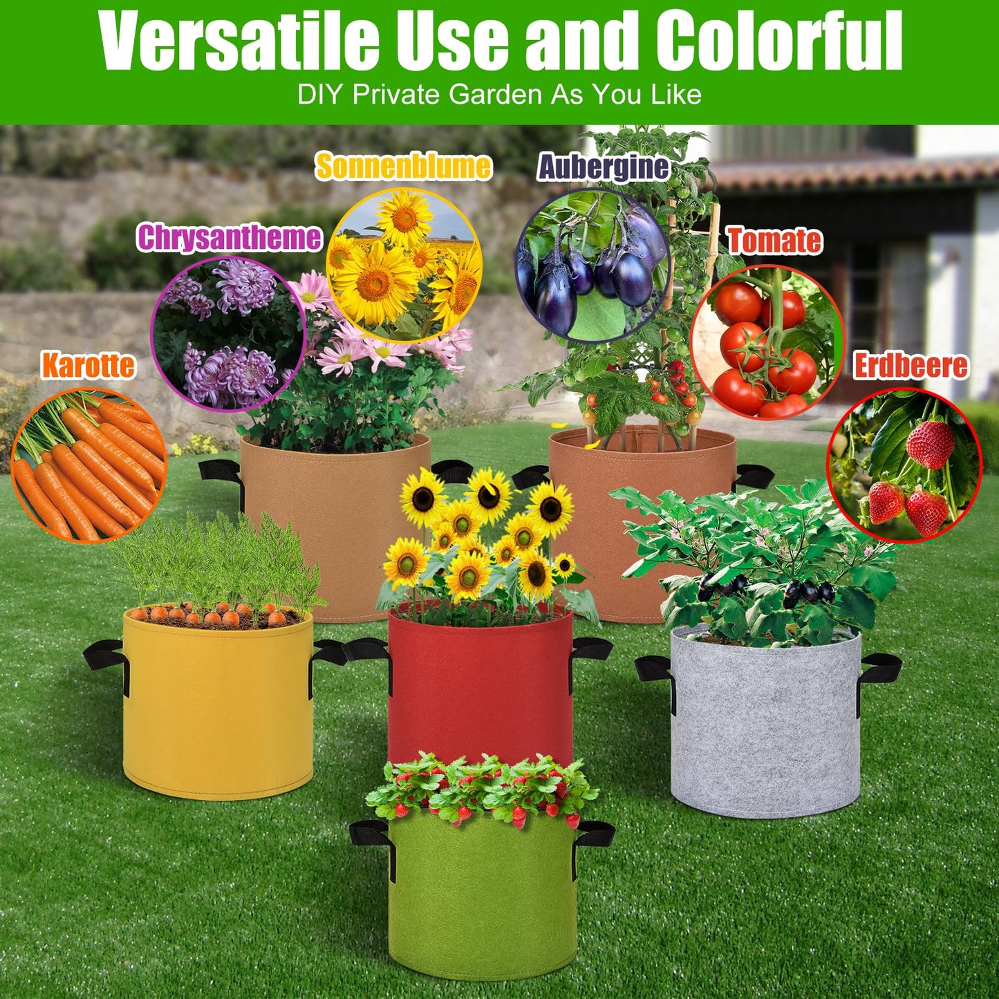 Florelf 15 Gallon Grow Gags, 6 Pack Multicolor Fabric Plant Pot Bags with Long Handles for Garden Vegetables Flowers, Make Colorful Garden