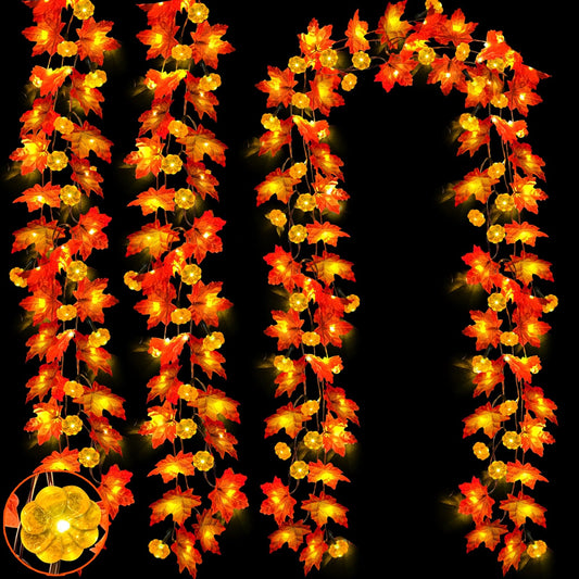 3 Pack & Timer - Fall Garland with Pumpkin Lights Halloween Fall Decorations for Home, 30Ft 60LED Halloween Lights Patented Enlarged Maples Leafed Battery Operated Thanksgiving Decor Indoor Outdoor