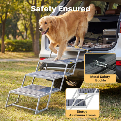 Veehoo Extra Wide Dog Steps for Car SUV Truck Foldable, 4 Steps Portable Aluminum Dog Stairs for Injured Senior Large Dogs 20" Wide, Heavy Duty Pet Ramp Ladder with Non Slip Surface, up to 170lbs