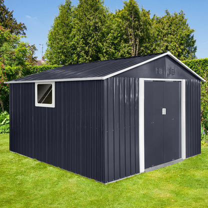 KEIKI 10.6 x 11.2FT Outdoor Storage Shed with Window, Sliding Door, Sloped Roof，Metal Garage Tool Bike Sheds for Backyard, Garden, Patio, Lawn,Gray
