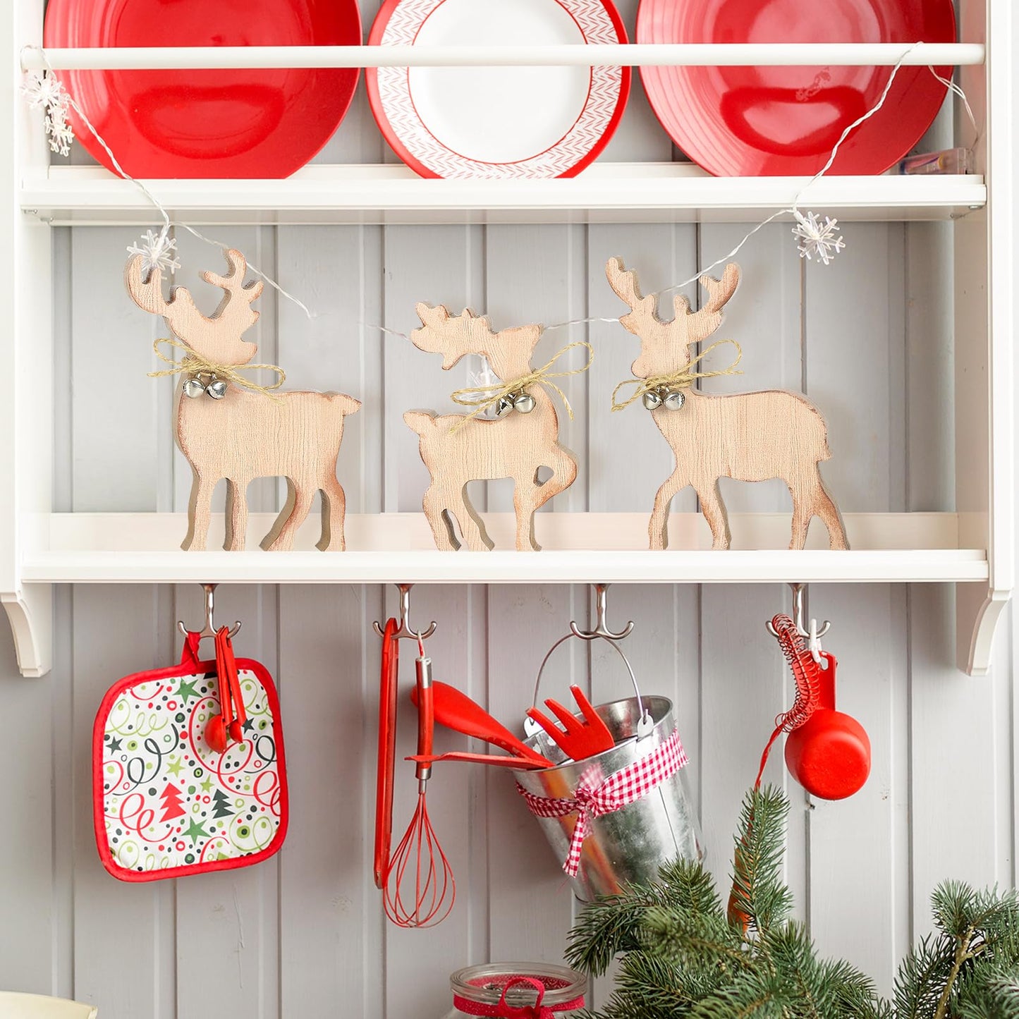 COCHIE Cute Christmas Tiered Tray Decor Indoor, Wooden Reindeer Christmas Tabletop Decorations and Xmas Tree Centerpiece, Reindeer Sign Standing Elk Decor for Home Party Decorations (Brown)