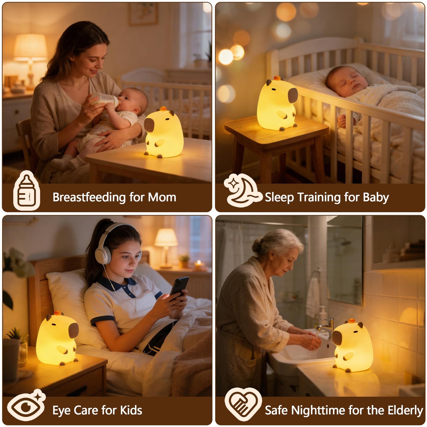 FAMIDUO Capybara Night Light, Long-Lasting Silicone Squishy Lamp, Cute Animal Nursery Light with 20-Min Timer, Dimmable Bedside Lamp for Kids Room, College Dorm Decor, Funny Gifts for Girls Boys Baby