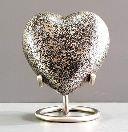 eSplanade Brass Mini Cremation Urn Heart-Shaped Keepsake Memorial Jar Pot Container | Small Urn for Funeral Ashes Burial | Textured Metal Keepsake with Stand | Silver - 2.75" Inches