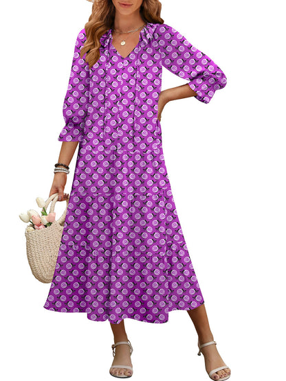 ANRABESS Women's Boho Maxi Dresses 2025 Summer Casual V Neck Puff Sleeve Floral Tiered Flowy Swing Beach Vacation Long Dress