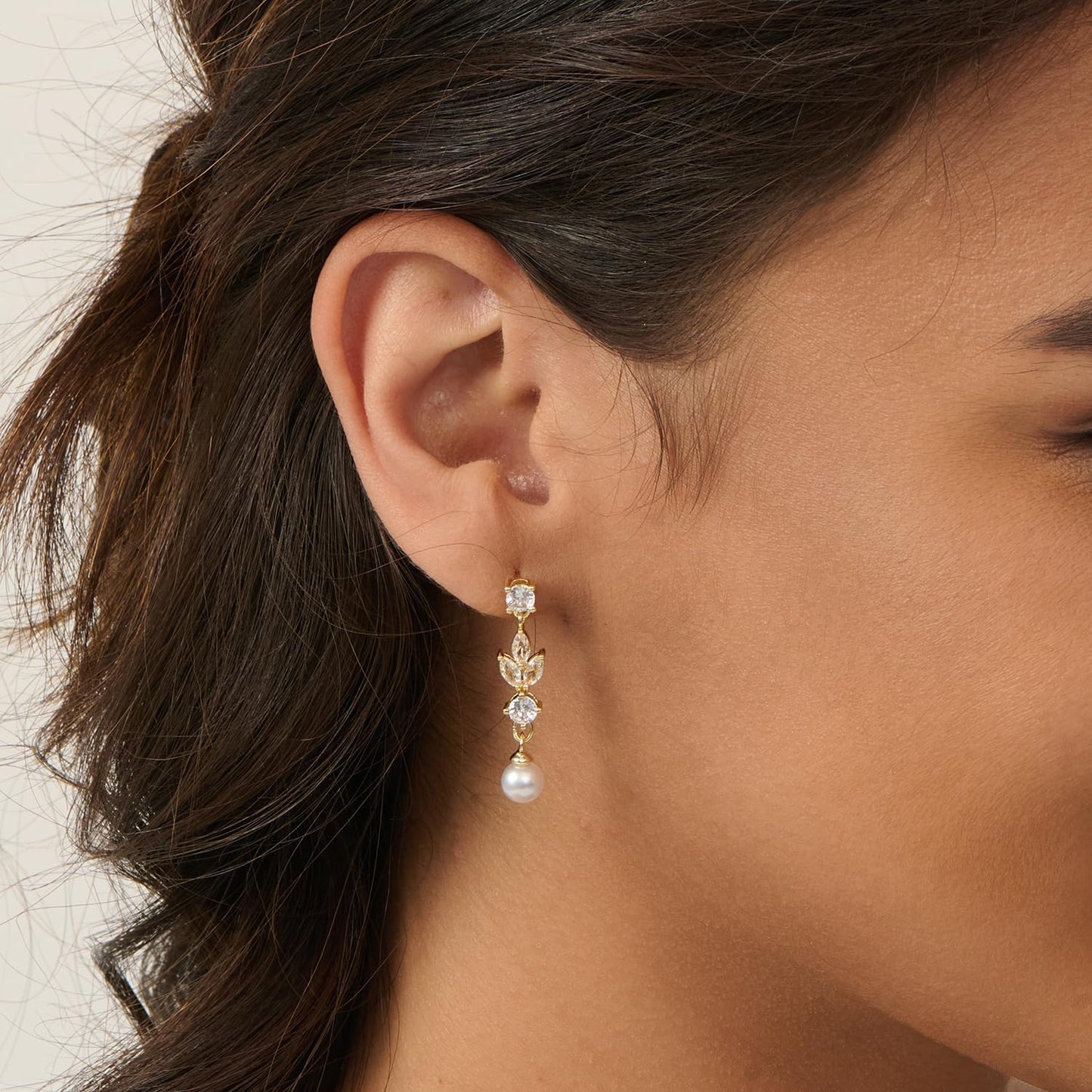 PRTGL Pearl Earrings: 14k Gold-plated Cubic Zirconia Accented Pearl Dangle Wedding Engagement Earrings For Women Bridal Bridesmaid (Leaf Designed)