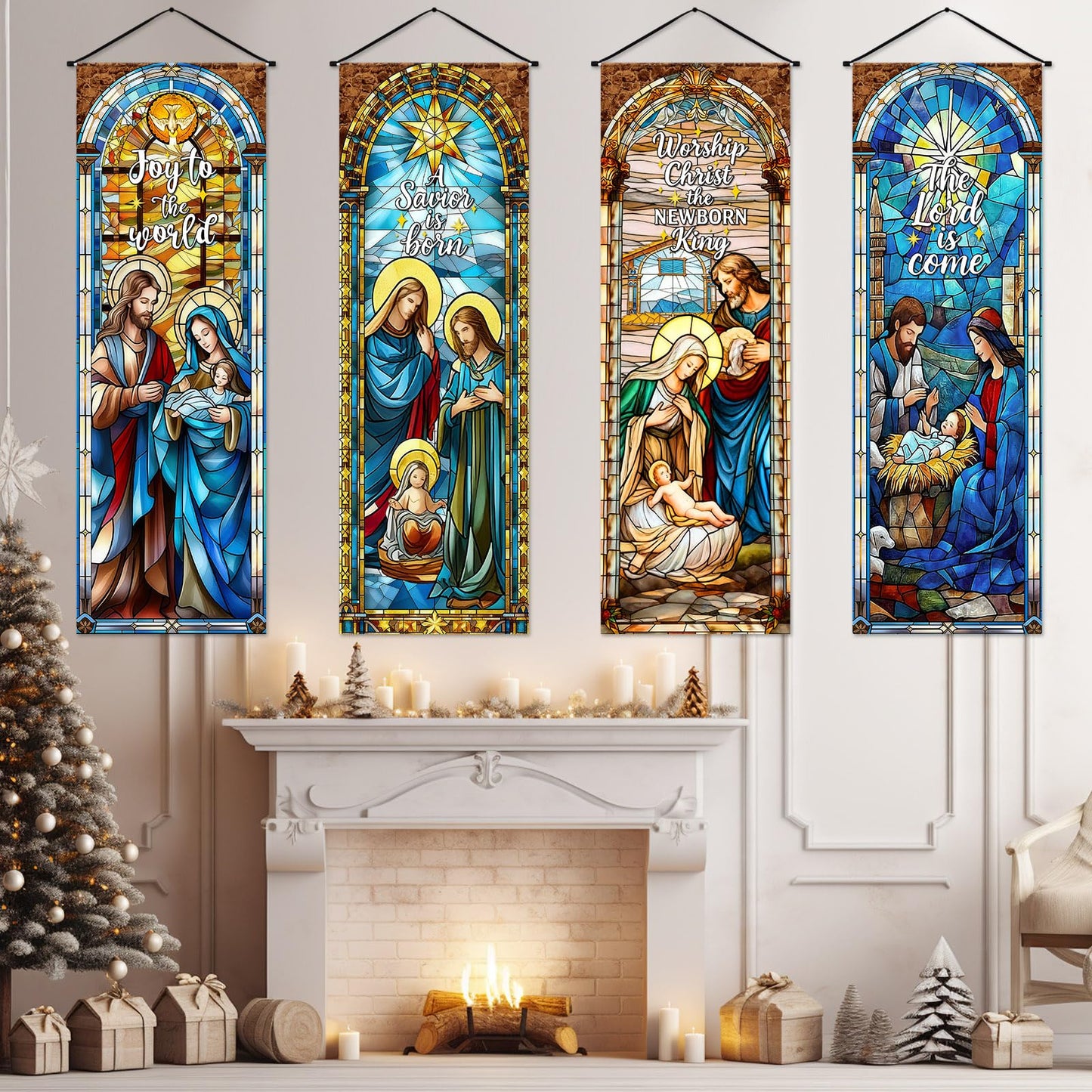 Panelee 4 Pcs Nativity Scene Banner Religious Christmas Backdrop Holy Nativity Stained Glass Style Wall Decorations Jesus Porch Sign for Xmas Indoor Outdoor Church Wall Hanging Decor