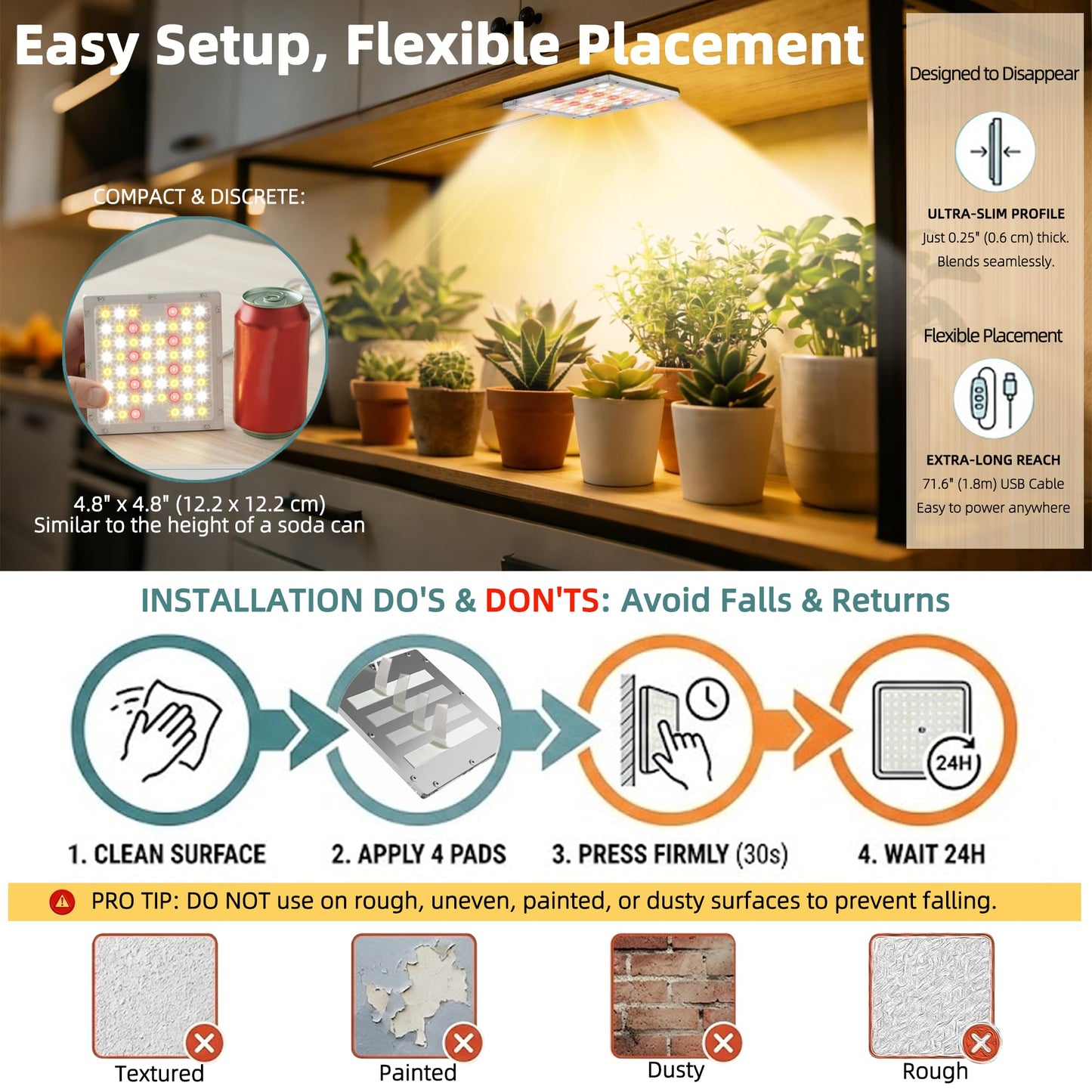 Stick-On Under Cabinet Grow Lights with Timer, High PPFD Sun-Like Full Spectrum LED Puck Light for Indoor Plants, Succulents, Mini Spotlight for Shelves, Terrarium & Display Case (3500K Warm White)