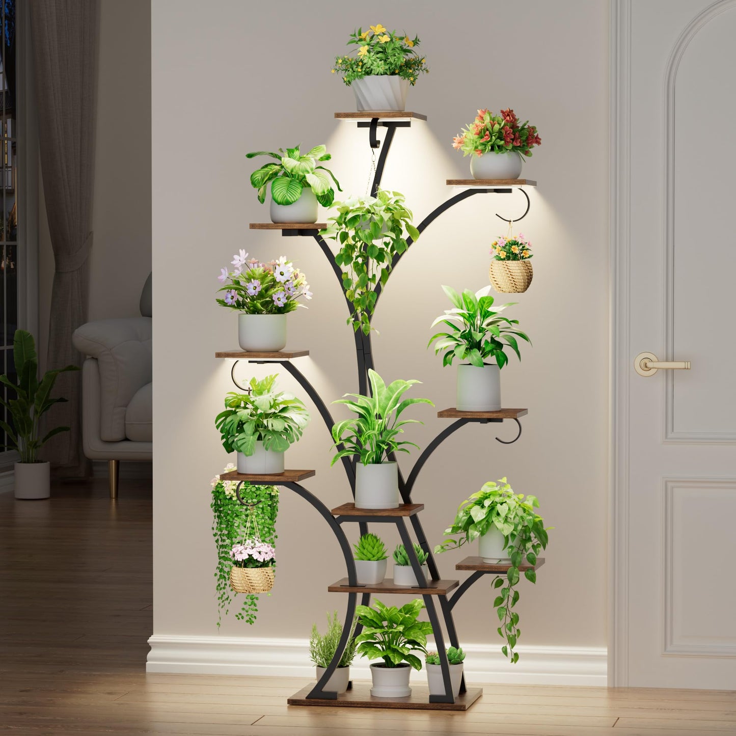 Plant Stand Indoor with Grow Lights - Lighted Plant Shelf Indoor, 64" Tall Corner Plant Stands for Indoor Growing, 10 Tier Flower Display Shelf, Large Tree-Shaped Holder for Home, Living Room, Black