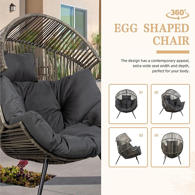 Vongrasig Wicker Egg Chair PE Rattan Chair with Cushion, Oversized Patio Lounge Chair for Outdoor, Indoor, Balcony, Backyard, Garden, Living Room, (Black/Rattan)
