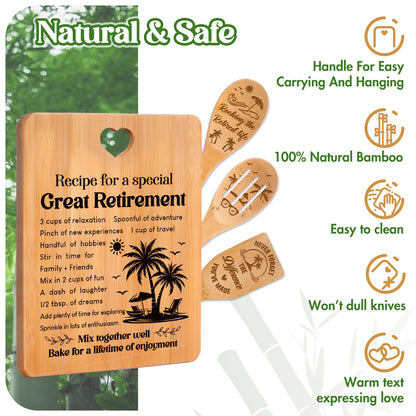 Retirement Gifts for Woman/Men 2026, Happy Retirement Bamboo Cutting Board Set for Colleagues, Coworker, Friend, Teacher, Boss, Parents, Family - Recipe for a Special Great Retirement.