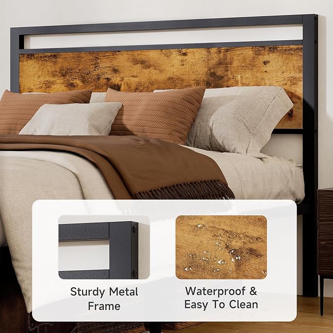 King Metal Bed Frame with Wooden Headboard and Footboard, Heavy Duty Platform