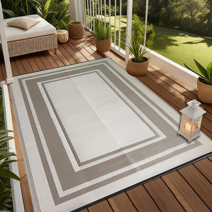 Outdoor Rugs for Patio, Waterproof Plastic Outdoor Rug, Square Outside Rug 6x9 ft, Geometric Area Rug, Outdoor Mat Carpet for Porch, Deck, Balcony, Picnic, Beach, Camper, RV, Bordered01-Gray & Brown