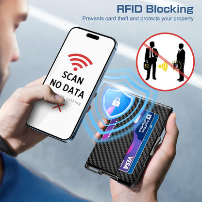 Kunlgro Wallet for Men - Pop Up Case, Cash Slot, and Credit Card Wallet - Slim Minimalist Aluminum Front Pocket Wallet with RFID Blocking/ID Window (Vertical Carbon Fiber)