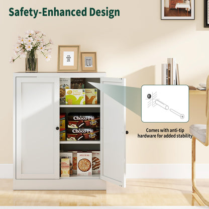 Yukimo Kitchen Pantry Cabinet, 34.5" Pantry Storage Cabinet with 2 Tier Adjustable Shelves and 2 Doors, Metal Pantry Cabinets with Handle for Living Room Kitchen Assembly Required, White
