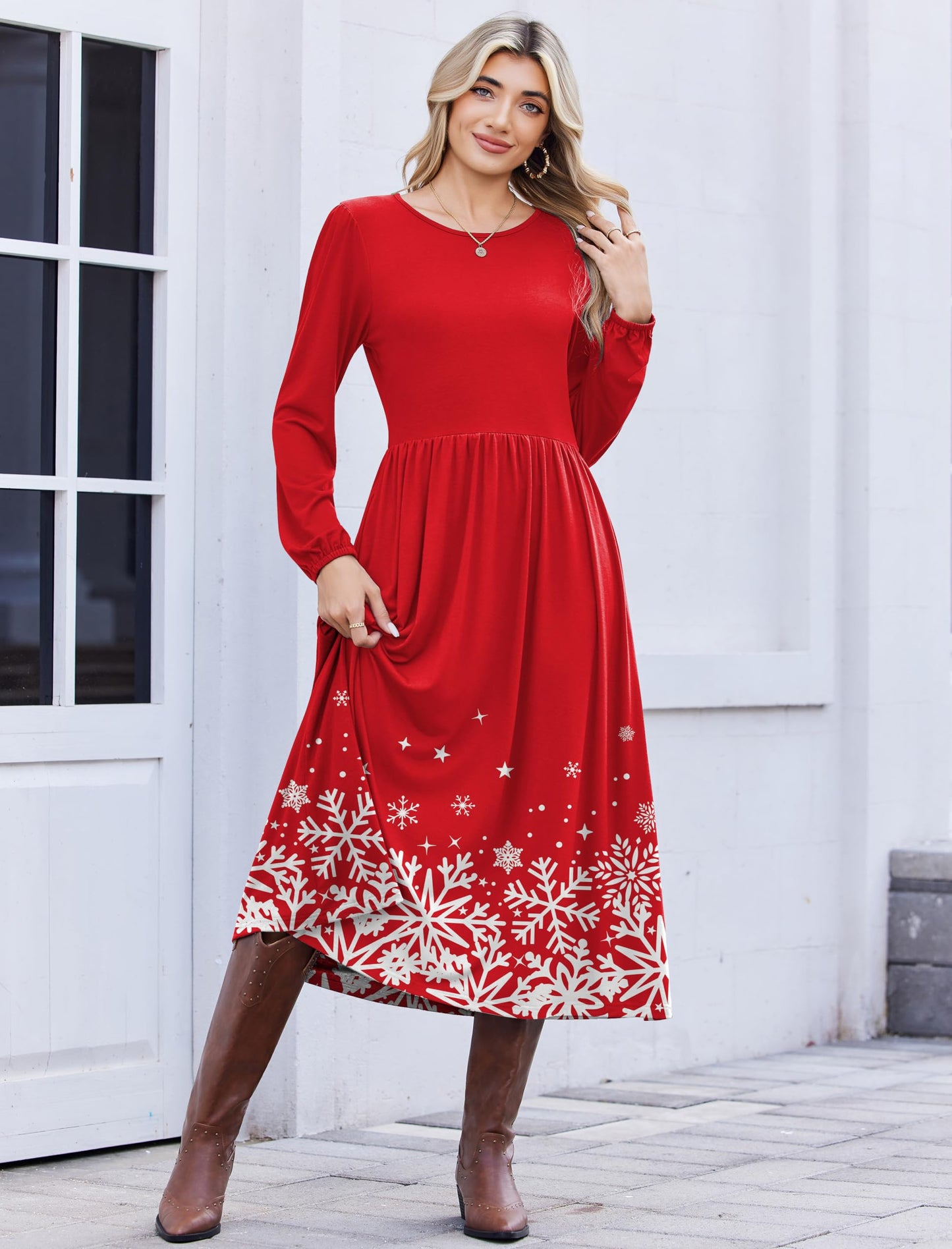 Zeagoo Fall Midi Dresses for Women 2025 Long Sleeve Flowy Dress Casual Swing Mini Dress for Beach Vacation Christmas Snow S