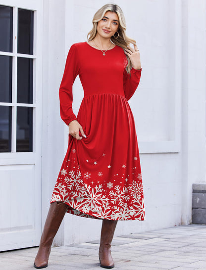Zeagoo Fall Midi Dresses for Women 2025 Long Sleeve Flowy Dress Casual Swing Mini Dress for Beach Vacation Christmas Snow S