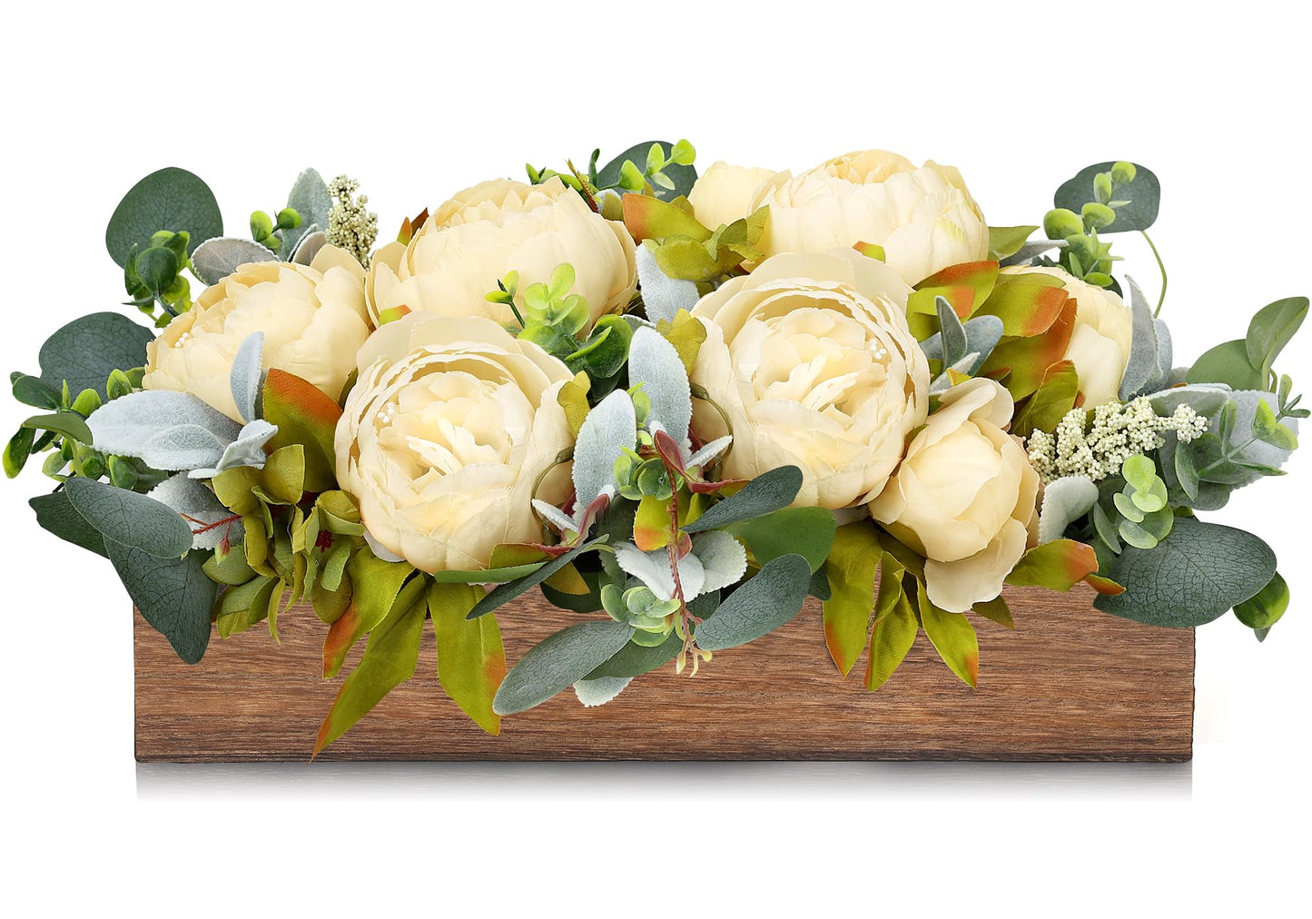 Scawim Flower Table Centerpieces for Dining Room, Summer Artificial Peony Table Centerpieces Wood Tray with Fake Flowers for Wedding Living Room Party Bar Kitchen Table(Champagne)