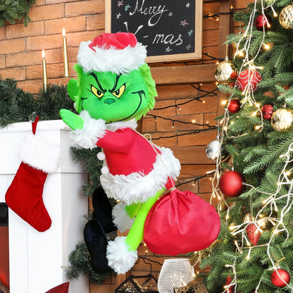 Christmas Green Monster Decorations, 23.6in Light Up Green Santa with LED String Lights Christmas Tree Ornaments, Pose-able Stuffed Doll for Outdoor Indoor Lawn Decoration