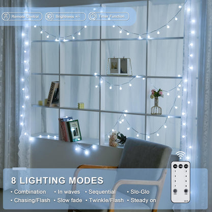 JMEXSUSS 100 LED White String Lights Indoor, Connectable Globe String Lights Plug in with Remote, 33 ft 8 Modes Christmas Fairy Light Outdoor for Bedroom Room Mirror Party Holiday Valentines Decor