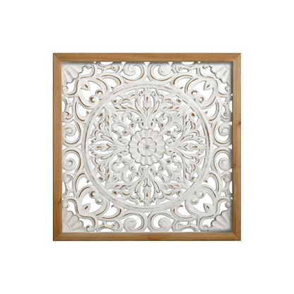 XIAOAIKA Boho Carved Wood Wall Sculpture, Intricate Floral Mandala Design with Distressed White Finish, Vintage Farmhouse Wall Art Panel with Solid Wood Frame for Bedroom Entryway (22.5" x 22.5")