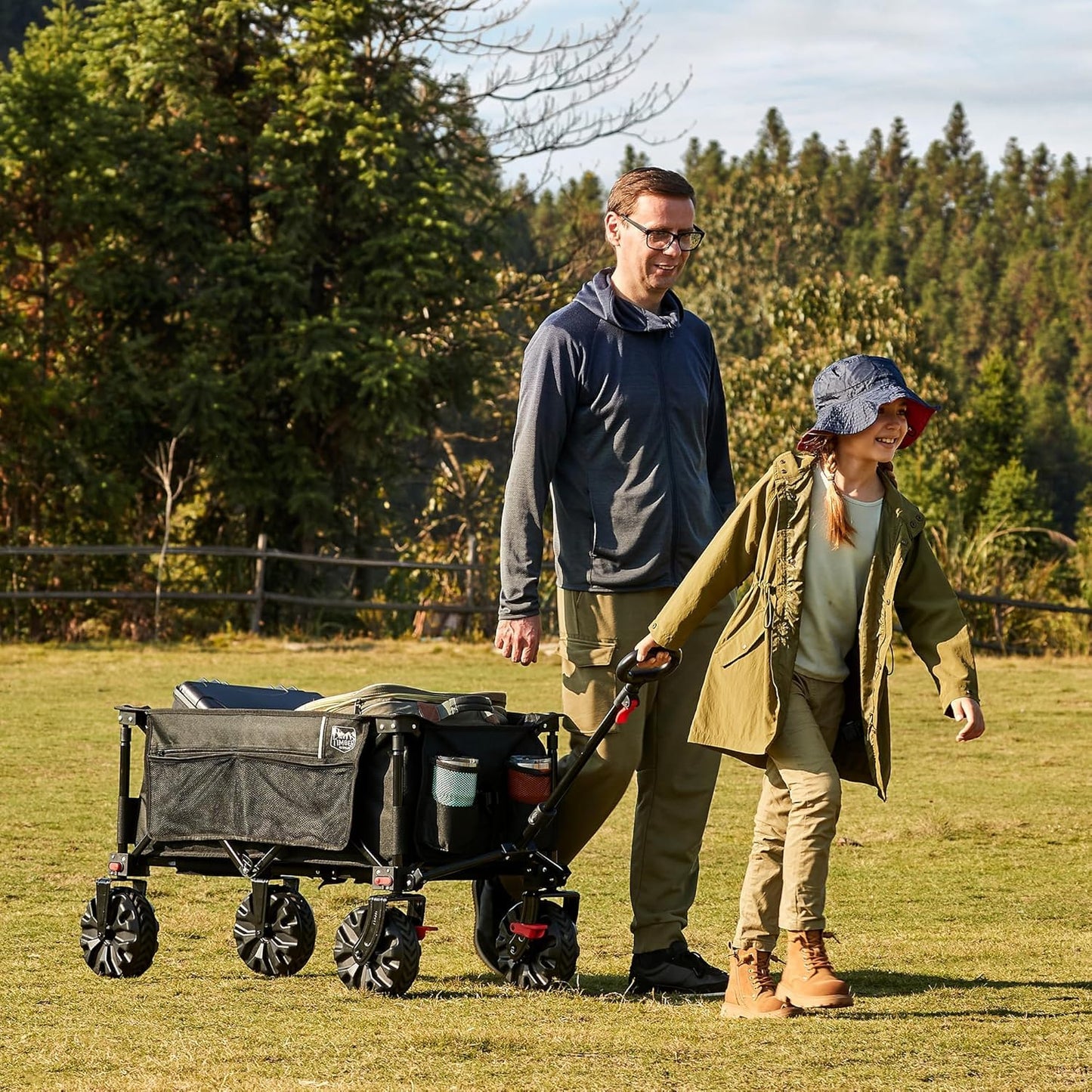 TIMBER RIDGE Festival Trolley on Wheels with Brakes, 200L Folding Camping Beach Trolley with Adjustable Handle & Cover Bag, 100kg Heavy Duty Cart Wagon for Outdoor Garden Picnic