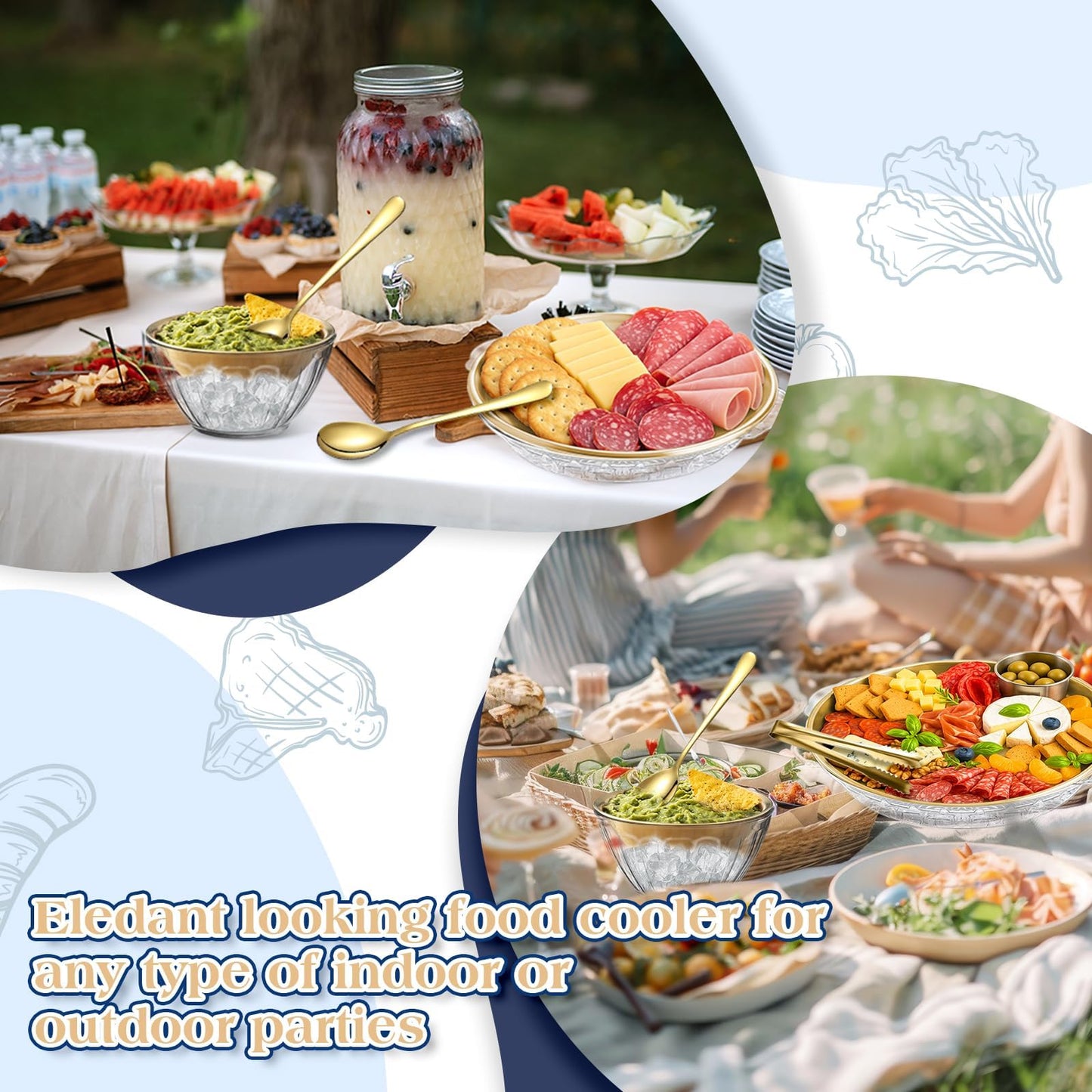 4 Set Gold Chilled Serving Tray and Dip Bowl for Parties, Chilled Serving Bowl Veggie tray Shrimp Cocktail Serving Dish with Salad Spoon & Fork, Tong and Forks for Fruit Seafood Vegetable Appetizer