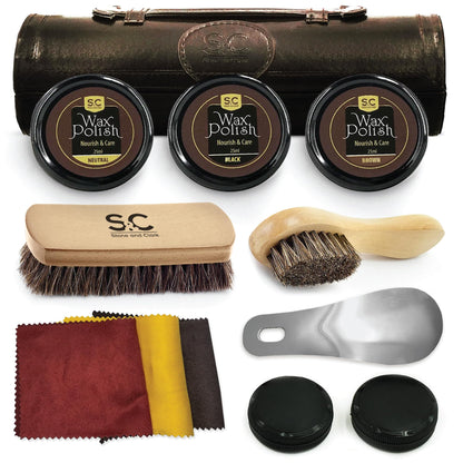 Stone & Clark 12PC Shoe Polish & Care Kit, Leather Shoe Shine Kit with Brown Wax, Shoe Brushes for Polishing, Shine Cloth & Shoe Horn, Compact Shoe Cleaning Kit with Horse Hair Brushes & PU