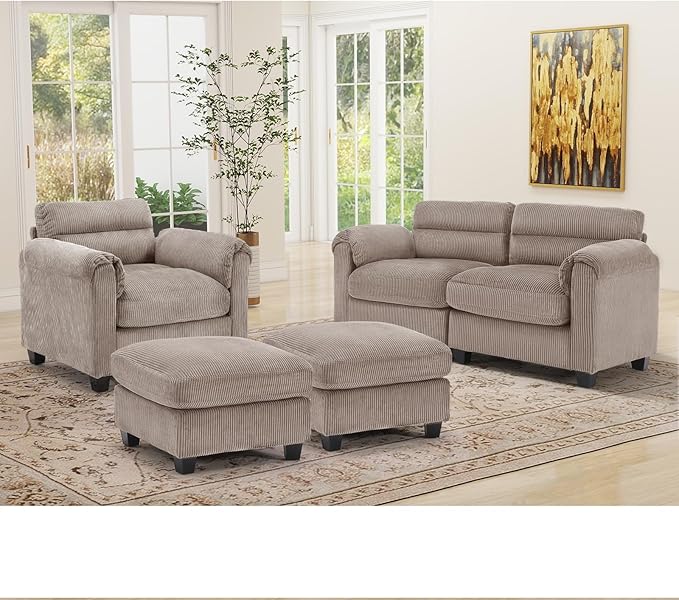 HAOMARKETS Corduroy 4-Piece Sofa Set, Upholstered Ottoman Set of 2, Accent