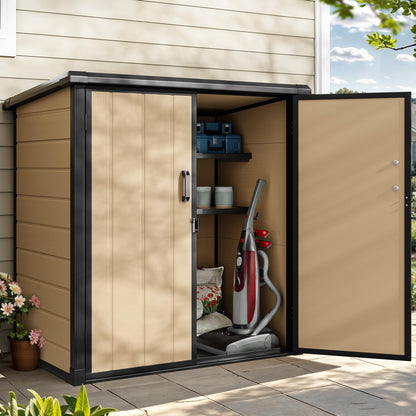 DWVO Outdoor Storage Shed 54 cuft with 2 Shelves, 4.2x2.6x5ft Vertical Tool Shed with Floor & Lockable Doors, Sturdy Double-Wall Plastic Cabinet for Garbage Cans and Garden Storage, Brown